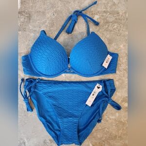 36A/M VS Swim Bombshell PushUp Bikini Top Side Tie Bikini Bottom Bikini Set Blue
